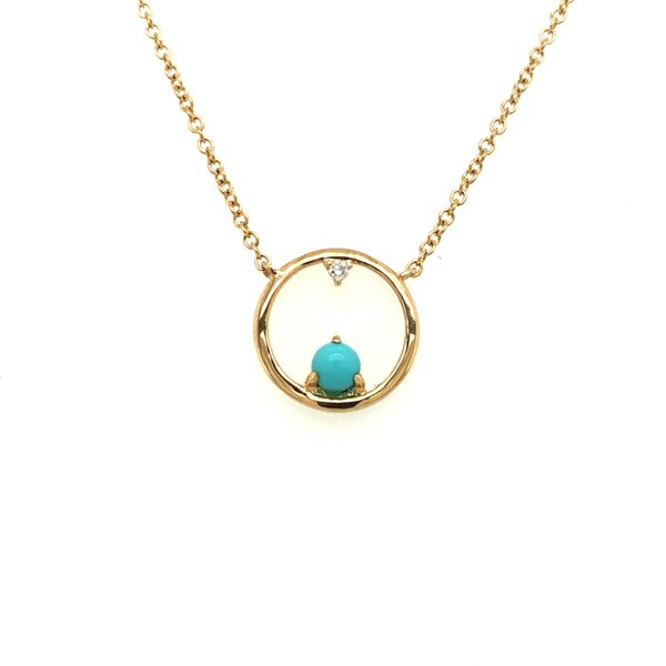 14k yellow gold stationary circle design necklace featuring turquoise and diamond accent on 16