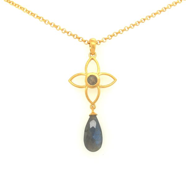 Sterling silver with 24k vermeil featuring round faceted labradorite center of floral design and faceted tear drop labradorite u Hudson Valley Goldsmith New Paltz, NY