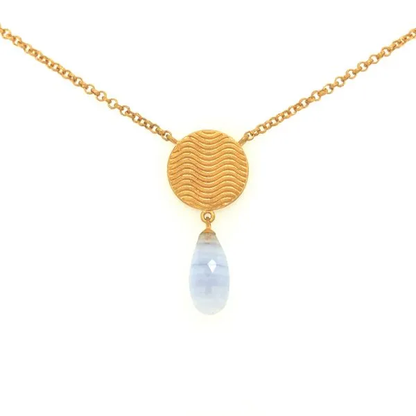 sterling silver with 24k vermeil necklace featuring calming wave design disc and striped chalcedony tear drop, includes 18