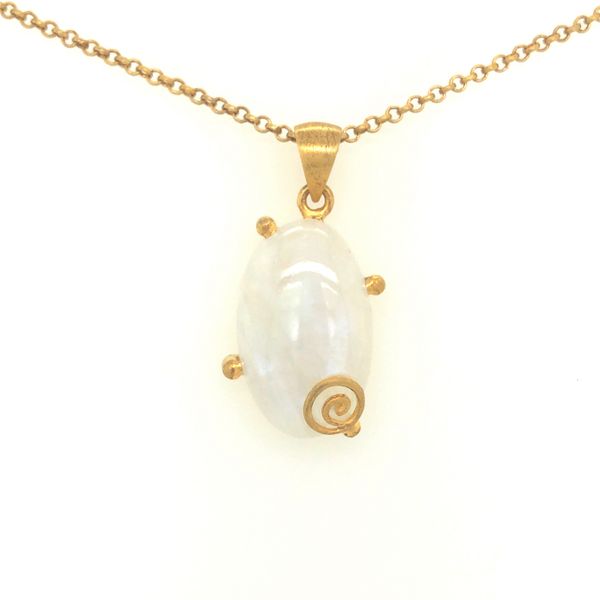 Sterling silver with 24k vermeil neckace featuring oval cabachon moonstone pendant with swirl design, includes 18