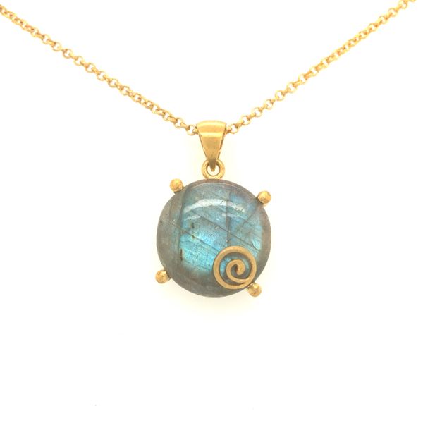 Sterling silver with 24k vermeil necklace featuring round cabachon labradorite gemstone with swirl design, includes 18