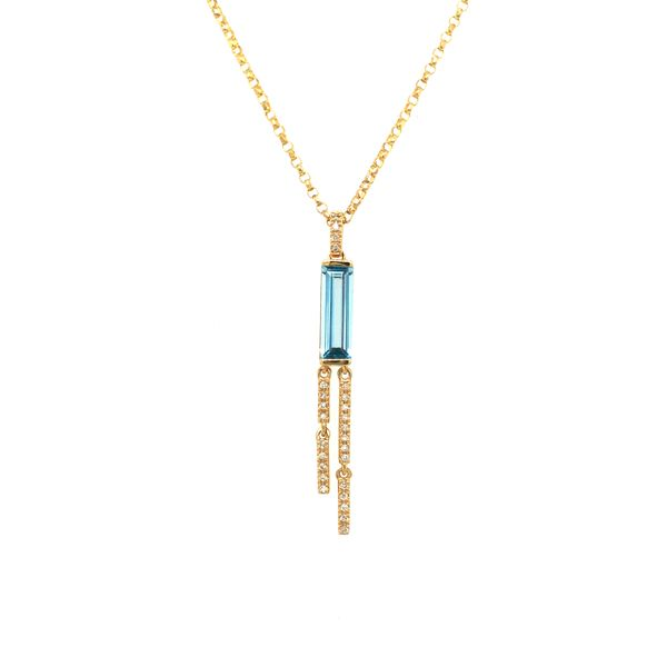 14k yellow gold necklace featuring elongated blue topaz gemstone accented with 0.08cttw diamond bail and diamond drop components Hudson Valley Goldsmith New Paltz, NY