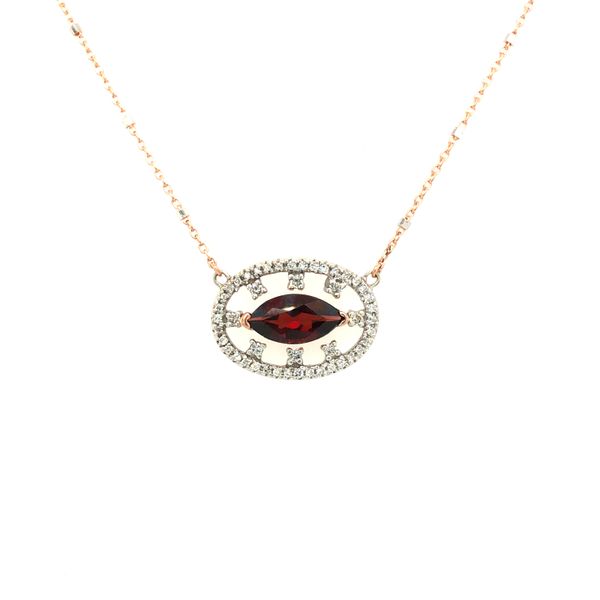 14k rose & white gold custom necklace featuring marquise garnet and 1/3cttw round diamonds on a 18