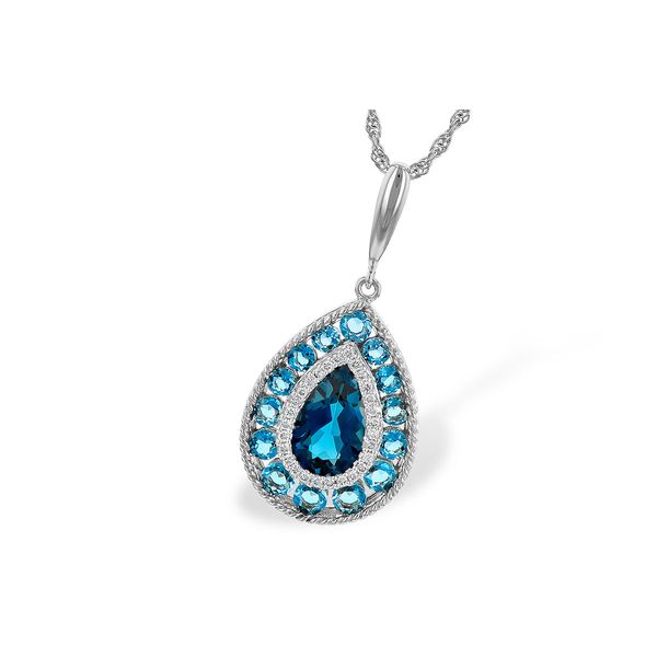 14k white gold Light & dark blue topaz teardrop pendant with diamond halo Hudson Valley Goldsmith New Paltz, NY