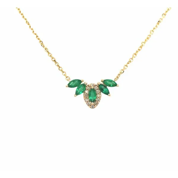 14k yellow gold stationary necklace featuring 0.55ctw emerald gemstones and 0.06cttw round brilliant diamonds. The necklace incl Hudson Valley Goldsmith New Paltz, NY