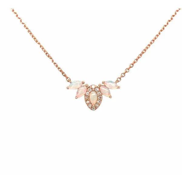 14k rose gold stationary necklace featuring 0.25ctw opal gemstones and 0.06cttw round brilliant diamonds. The necklace includes  Hudson Valley Goldsmith New Paltz, NY