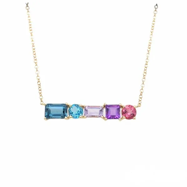 14k Yellow Gold Bar Necklace featuring 1.75Ctw gemstones including Blue Topaz, Amethyst & pink Tourmaline Hudson Valley Goldsmith New Paltz, NY