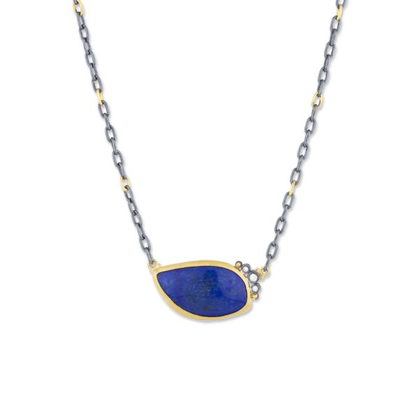 24k gold and oxidized sterling silver freeform 16 x 28mm cabachon lapis necklace and 0.07cttw diamonds on a stationary necklace. Hudson Valley Goldsmith New Paltz, NY