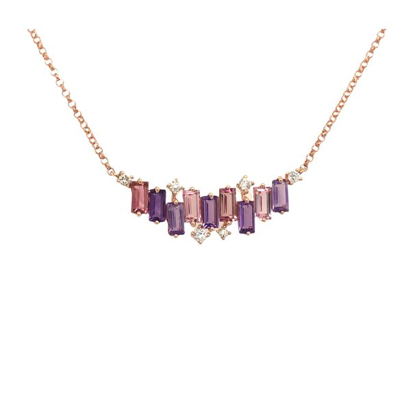 14k rose gold necklace featuring amethyst and pink tourmaline gemstones, accented with 0.10cttw diamonds. Design is stationary o Hudson Valley Goldsmith New Paltz, NY