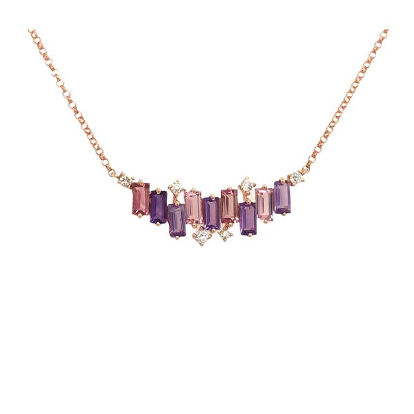 14k rose gold necklace featuring amethyst and pink tourmaline gemstones, accented with 0.10 cttw diamonds. Design is stationary  Hudson Valley Goldsmith New Paltz, NY