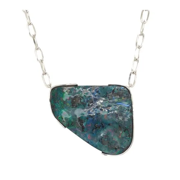 Sterling Silver Asymetrical Australian Boulder Opal Neckpiece on Paperclip Style Chain Hudson Valley Goldsmith New Paltz, NY