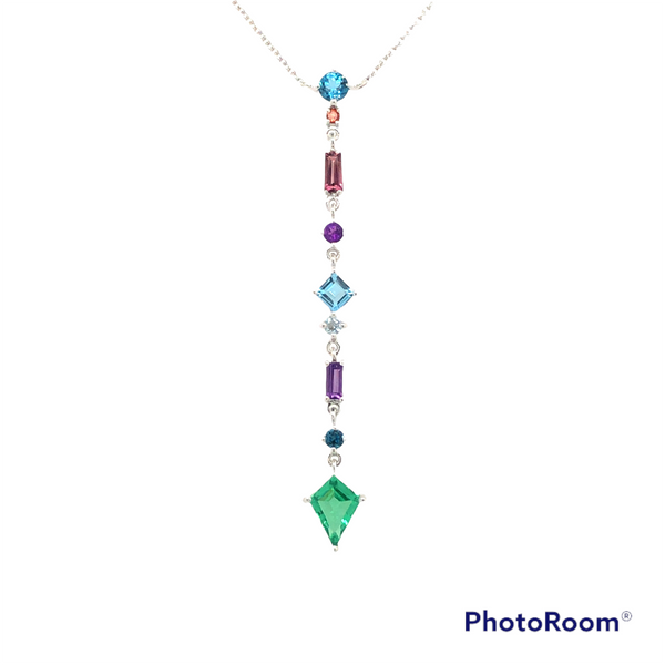 14K White Gold Mixed Dangling Gemstone Necklace Featuring Blue Topaz, Amethyst And Green Quartz With Adustable Cable Chain 16, 1 Hudson Valley Goldsmith New Paltz, NY