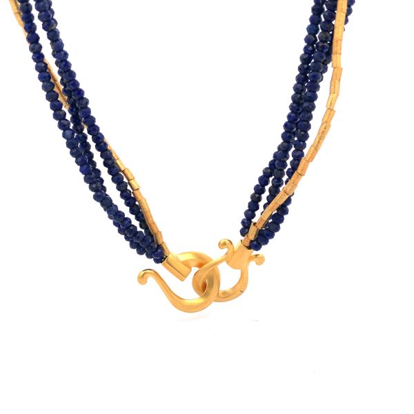 Sterling silver 24k vermeil necklace featuring 4 strands of 3mm lapis gemstones Image 2 Hudson Valley Goldsmith New Paltz, NY