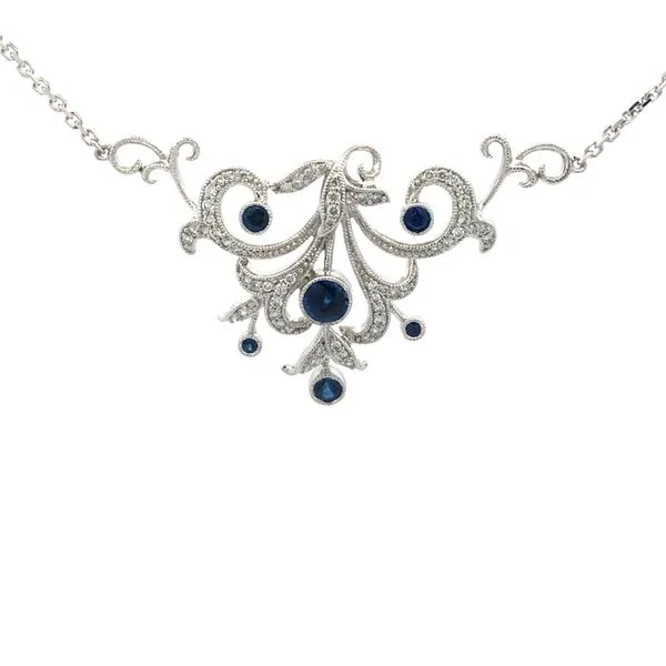 14K White Gold Baroque Style Necklace Featuring 0.34 Ctw Diamond Pave And 0.76 Ctw Blue Sapphires, On An Adjustable 18 Inch Diamond Cut Cable Chain Hudson Valley Goldsmith New Paltz, NY