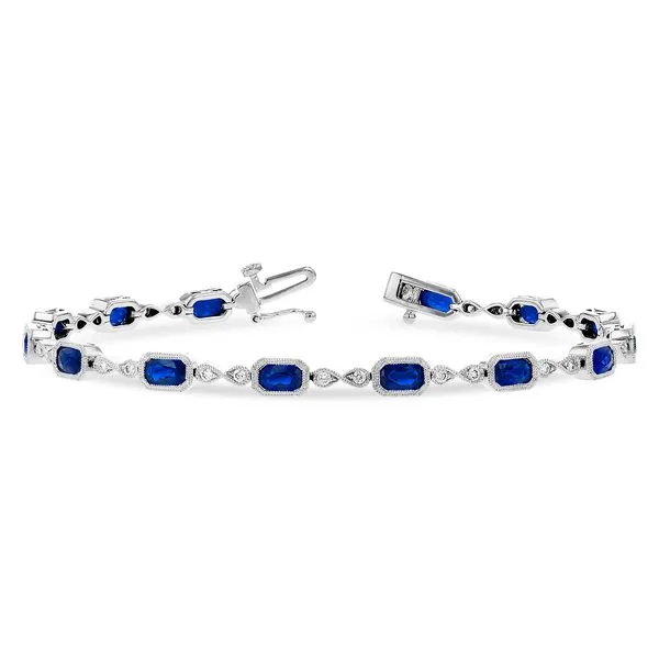 14 K White Gold Bracelet W/ 4.00 Ctw Blue Sapphires And 0.32 Ctw Diamonds. Vintage Style With Millgrain Hudson Valley Goldsmith New Paltz, NY