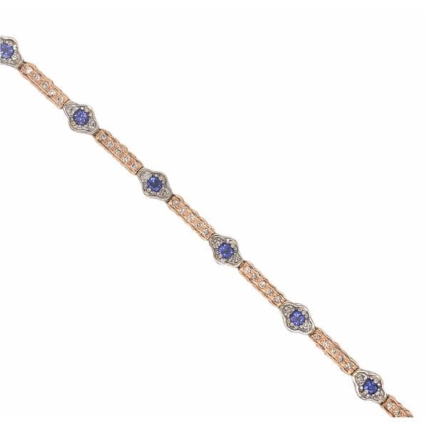 14k white and rose gold bracelet featuring tanzanite gemstone and approximately 0.75cttw diamonds 14k white and rose gold bracel Hudson Valley Goldsmith New Paltz, NY