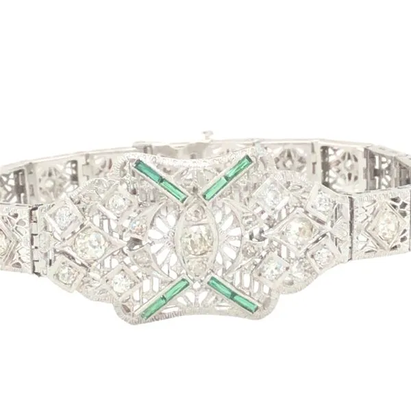 18K White Gold Vintage Bracelet 17.9g with Emeraldsand Approx 1.75ctw Diamond Hudson Valley Goldsmith New Paltz, NY