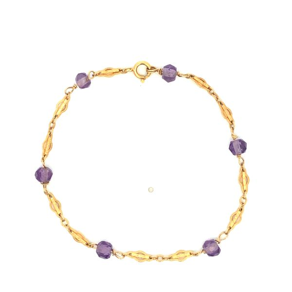 14k yellow gold bracelet with textured design links and faceted amethyst beads 7.5" Hudson Valley Goldsmith New Paltz, NY