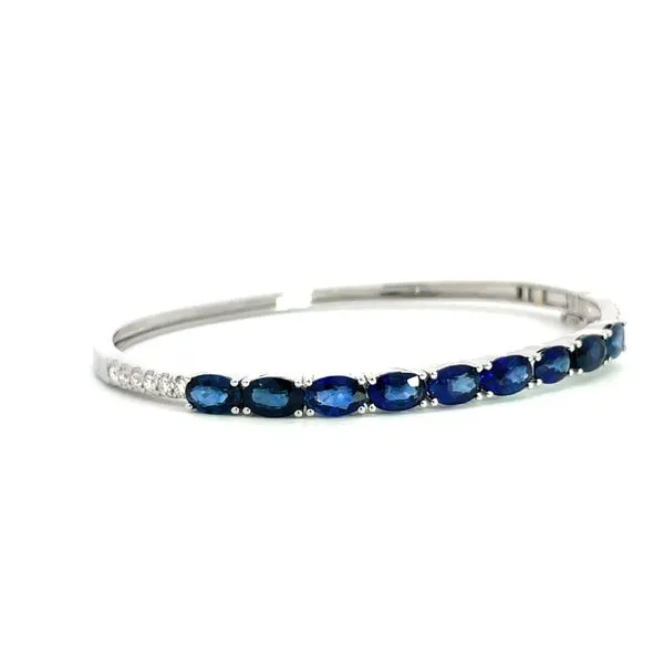 14K White Gold Blue Sapphire and Diamond Hinged Bangle Bracelet Image 3 Hudson Valley Goldsmith New Paltz, NY