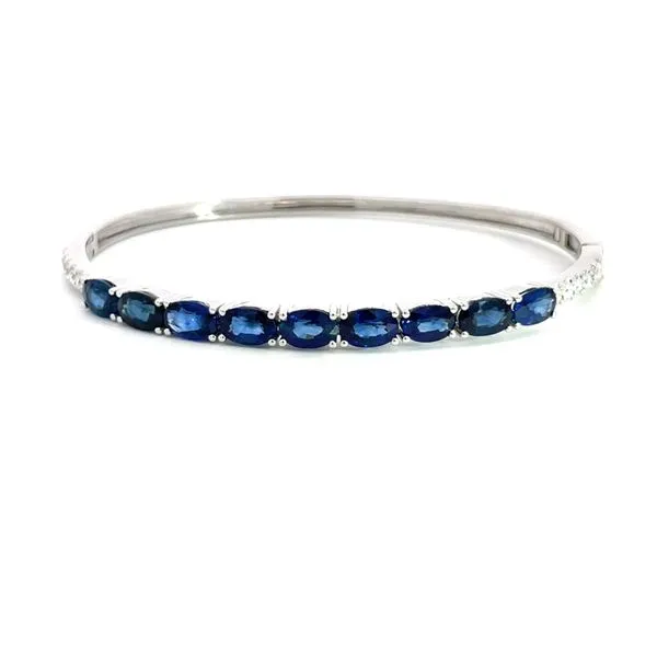 14K White Gold Blue Sapphire and Diamond Hinged Bangle Bracelet Hudson Valley Goldsmith New Paltz, NY