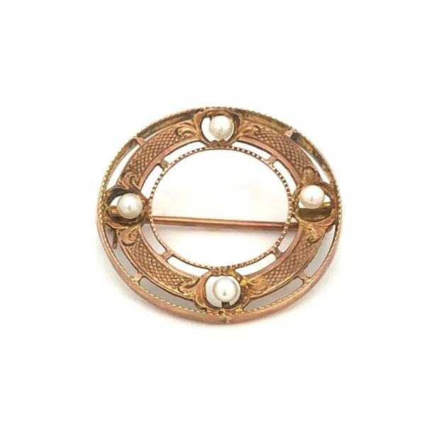 ESTATE 10k yellow gold antique circle engraved brooch with seed pearls ESTATE 10k yellow gold antique circle engraved brooch wit Hudson Valley Goldsmith New Paltz, NY