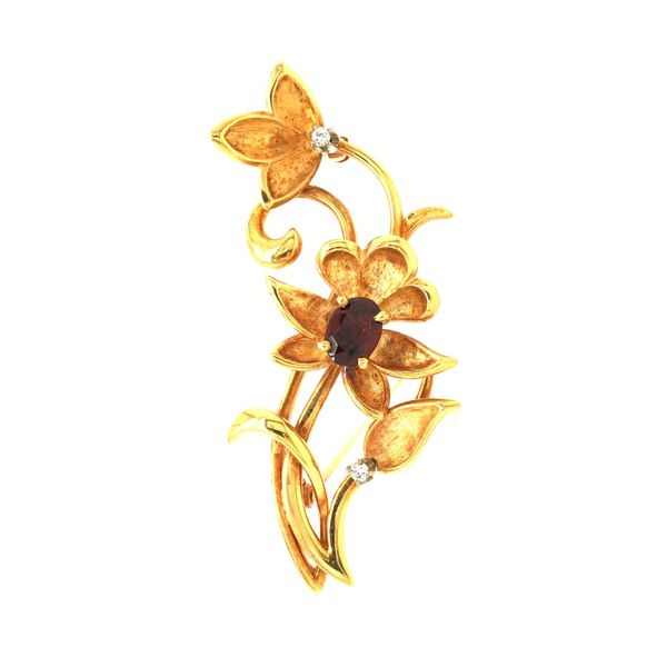 Estate 18K Yellow Gold Floral Brooch W/ Oval Garnet And Diamonds Estate 18K Yellow Gold Floral Brooch W/ Oval Garnet And Diamond Hudson Valley Goldsmith New Paltz, NY
