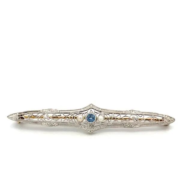Art Deco 14K White Gold Brooch With Blue Sapphire And Pearls Hudson Valley Goldsmith New Paltz, NY