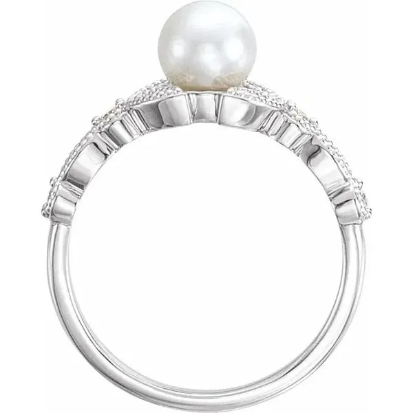 14K White Cultured White Freshwater Pearl & Diamond Leaf Ring Image 2 Hudson Valley Goldsmith New Paltz, NY