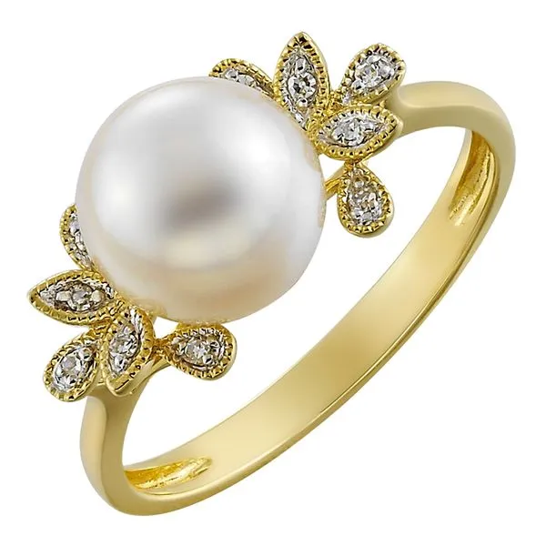 14k Yellow Gold Pearl Ring. Single white freshwater pearl in a white gold floral setting with 0.04ctw diamonds in the leaves Hudson Valley Goldsmith New Paltz, NY