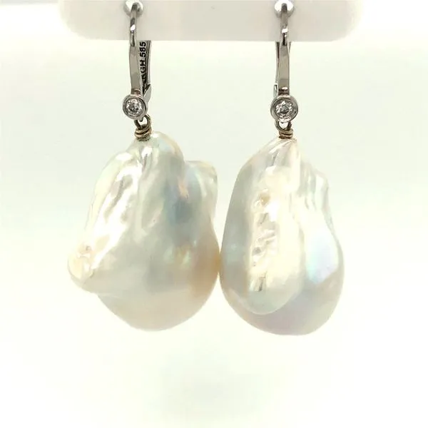 Large white freshwater baroque pearl earrings with 14k white gold 0.06 ctw diamond lever backs Hudson Valley Goldsmith New Paltz, NY