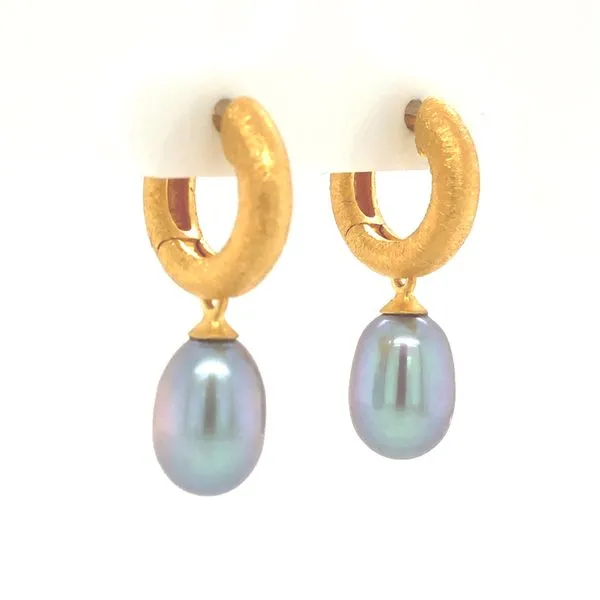 Sterling silver with 24k vermeil huggie earrines featuring grey tear drop shape fresh water pearl. the earrings have a heavy bru Image 2 Hudson Valley Goldsmith New Paltz, NY