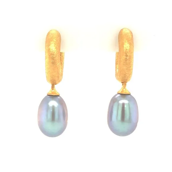 Sterling silver with 24k vermeil huggie earrines featuring grey tear drop shape fresh water pearl. the earrings have a heavy bru Hudson Valley Goldsmith New Paltz, NY
