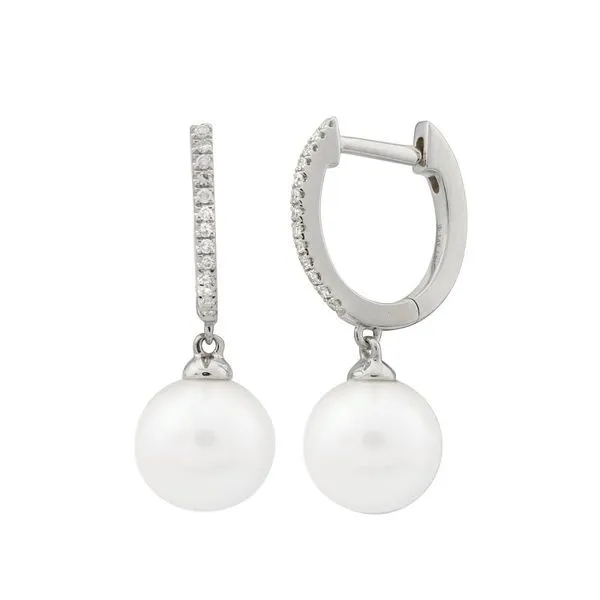 14k White Gold Pearl & Diamond Huggie Earrings. Huggie: 12mm / Pearl: 7.5~8mm Hudson Valley Goldsmith New Paltz, NY