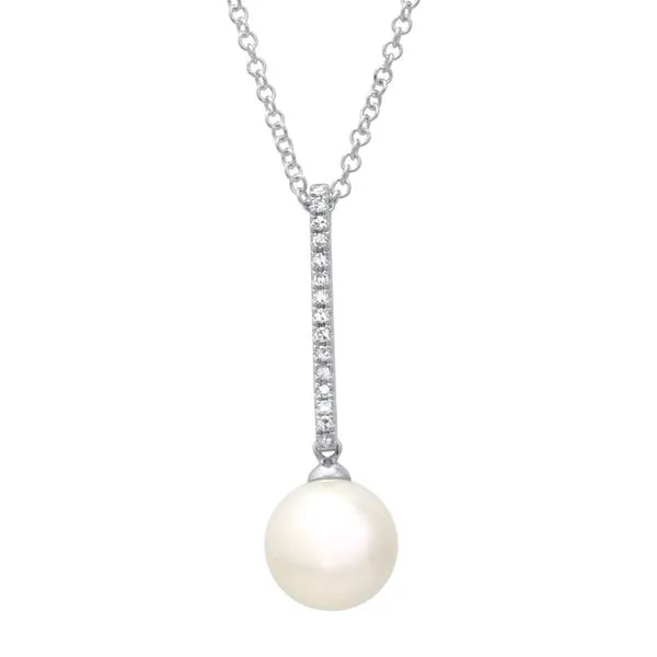 14k White Gold Pearl Drop Necklace on a Bar of Diamonds. 15 Sigle cut 0.05ctw Round Diamonds & White 8mm Freshwater Pearl Hudson Valley Goldsmith New Paltz, NY