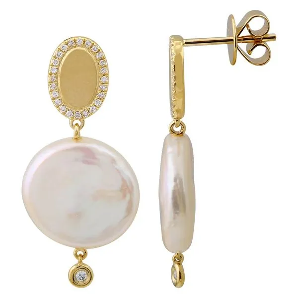 These 14K Yellow Gold & Diamond Disc With Coin Pearl Stud Earrings are a unique and stylish choice. The earrings feature a disc with diamonds and a coin pearl. Hudson Valley Goldsmith New Paltz, NY
