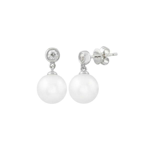 14k White Gold 8.5-9mm Pearl Earrings with Bezel Set Diamond At the Top of Each Diamond Hudson Valley Goldsmith New Paltz, NY
