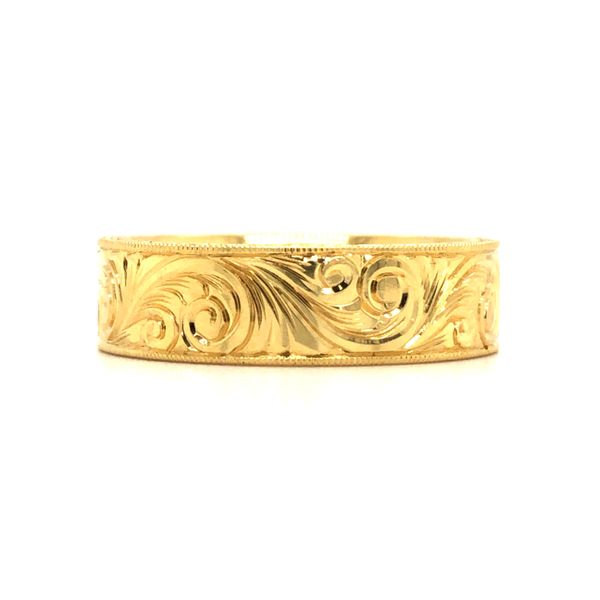 18 Karat Yellow Gold Flat 6Mm Band Hand Engraved Swirl Top And Wheat Sides Hudson Valley Goldsmith New Paltz, NY