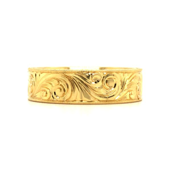 18 Karat Yellow Gold Flat 6mm Band Hand Engraved Swirl Top And Wheat Sides Hudson Valley Goldsmith New Paltz, NY