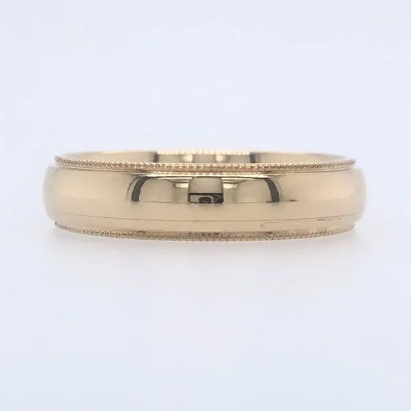 14k yellow gold light comfort fit band measuring 5.00mm wide featuring a half round top with milgrain edges Hudson Valley Goldsmith New Paltz, NY