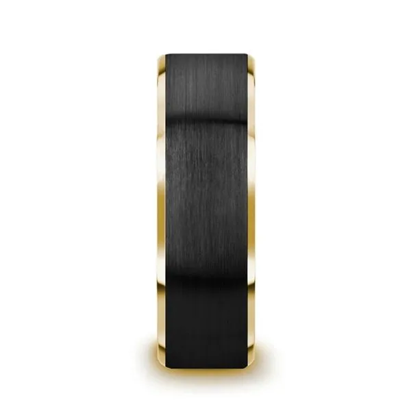 GASTON Gold Plated Tungsten Polished Beveled Ring with Brushed Black Center - 8mm Size 10 Image 2 Hudson Valley Goldsmith New Paltz, NY