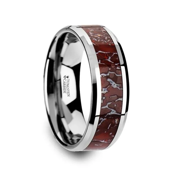 JURASSIC Red Dinosaur Bone Inlaid Tungsten Carbide Beveled Edged Ring - 8mm Size 10 Hudson Valley Goldsmith New Paltz, NY