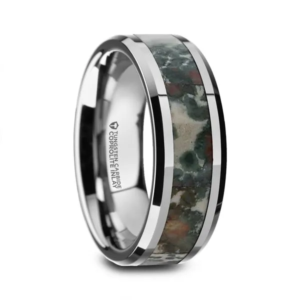 CRETACEOUS Tungsten Carbide Beveled Men's Wedding Band with Coprolite Fossil Inlay - 8mm Hudson Valley Goldsmith New Paltz, NY