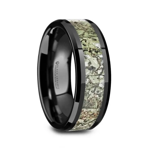 DROGON Light Green Dinosaur Bone Inlaid Black Ceramic Men's Wedding Band with Polished Beveled Edges - 8mm Hudson Valley Goldsmith New Paltz, NY