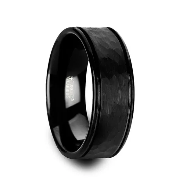 JOINER Hammered Finish Center Black Tungsten Carbide Wedding Band with Dual Offset Grooves and Polished Edges - 8mm Hudson Valley Goldsmith New Paltz, NY