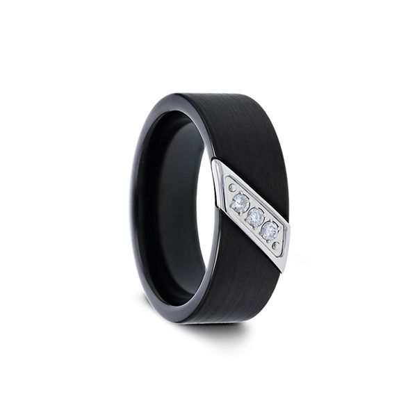 LIAM Flat Black Satin Finished Tungsten Carbide Wedding Band with Diagonal Diamonds Set in Stainless Steel - 8 mm Hudson Valley Goldsmith New Paltz, NY