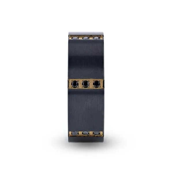 MURAMASA Flat Brushed Black Titanium Ring with Gold Plated Inside and 6 Gold Plated Stainless Steel Bezels with Triple Black Dia Image 2 Hudson Valley Goldsmith New Paltz, NY