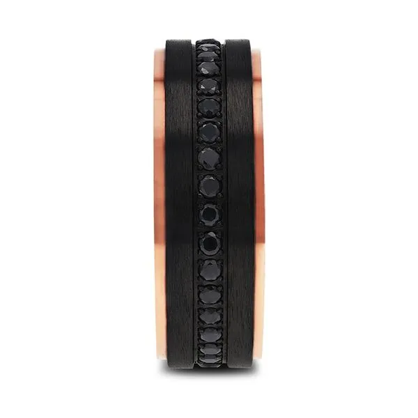 ASTRO Flat Brushed Black Titanium Ring with Rose Gold Plated Inside and Black Sapphire Settings all around - 8mm Size 10 Image 2 Hudson Valley Goldsmith New Paltz, NY