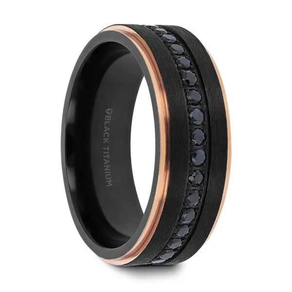 ASTRO Flat Brushed Black Titanium Ring with Rose Gold Plated Inside and Black Sapphire Settings all around - 8mm Size 10 Hudson Valley Goldsmith New Paltz, NY