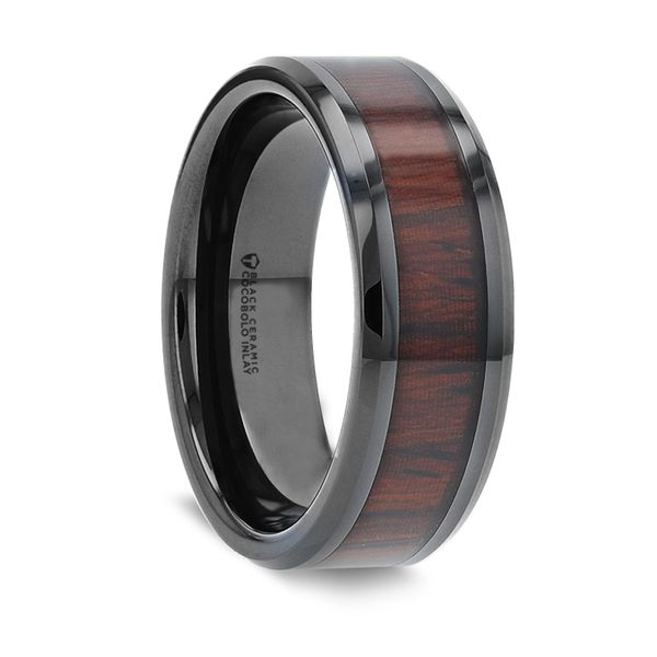 KAI Beveled Black Ceramic Ring with Cocobolo Wood Inlay Hudson Valley Goldsmith New Paltz, NY