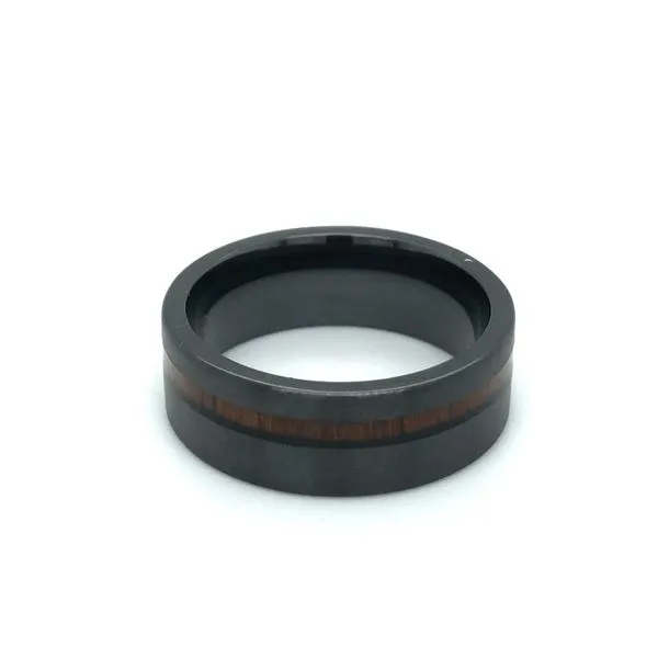 DARING Off-set Koa Wood Inlaid Black Titanium Men's Wedding Band with Flat Polished Finish - 8mm Hudson Valley Goldsmith New Paltz, NY